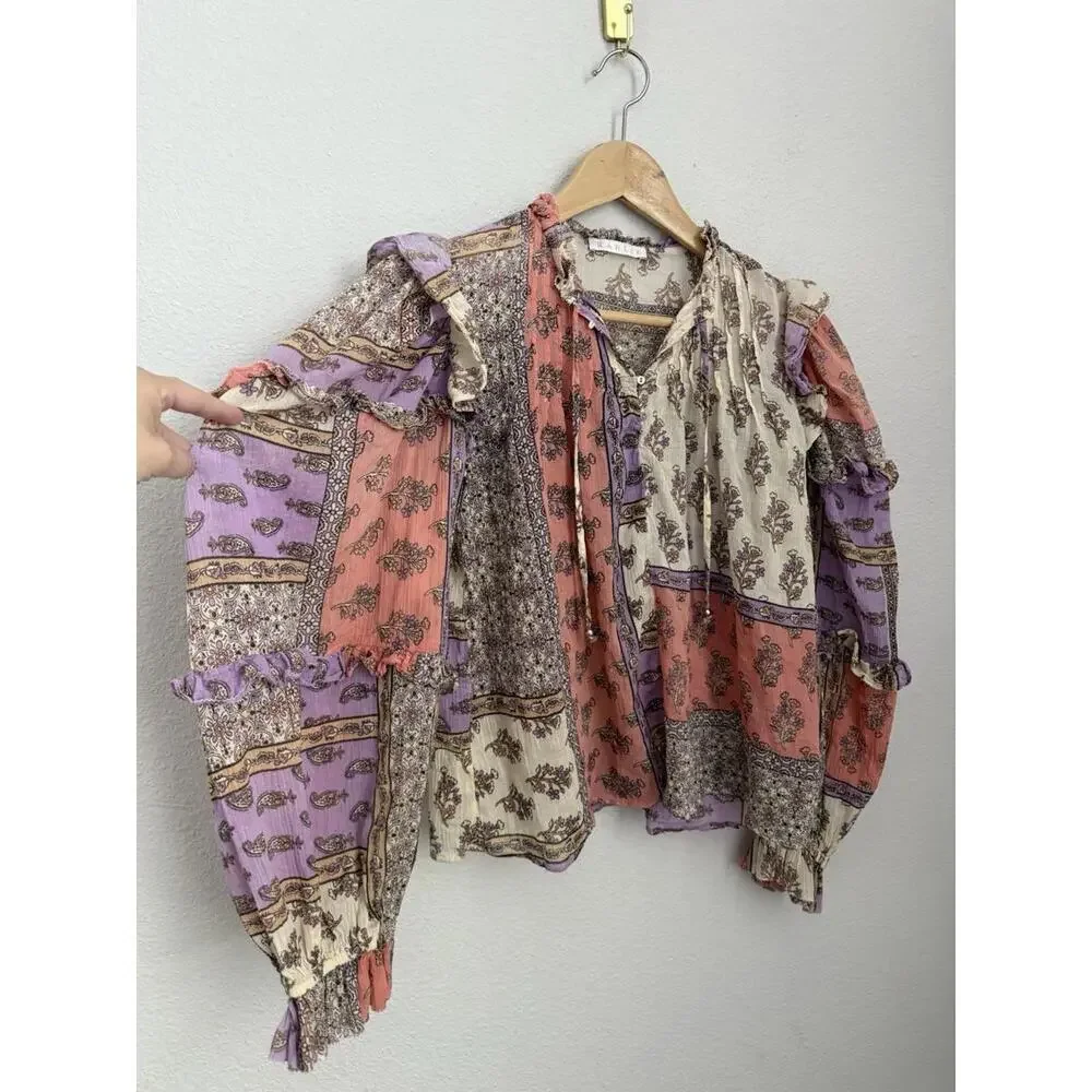 Karlie Patchwork Floral Peasant Blouse in Coral, Lavender & Cream - Picture 4 of 7